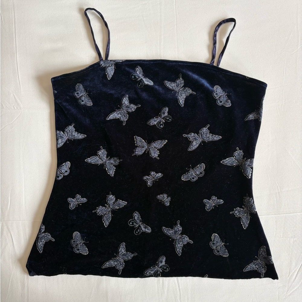Women's Deep Navy Velvet Butterfly Cami Top
